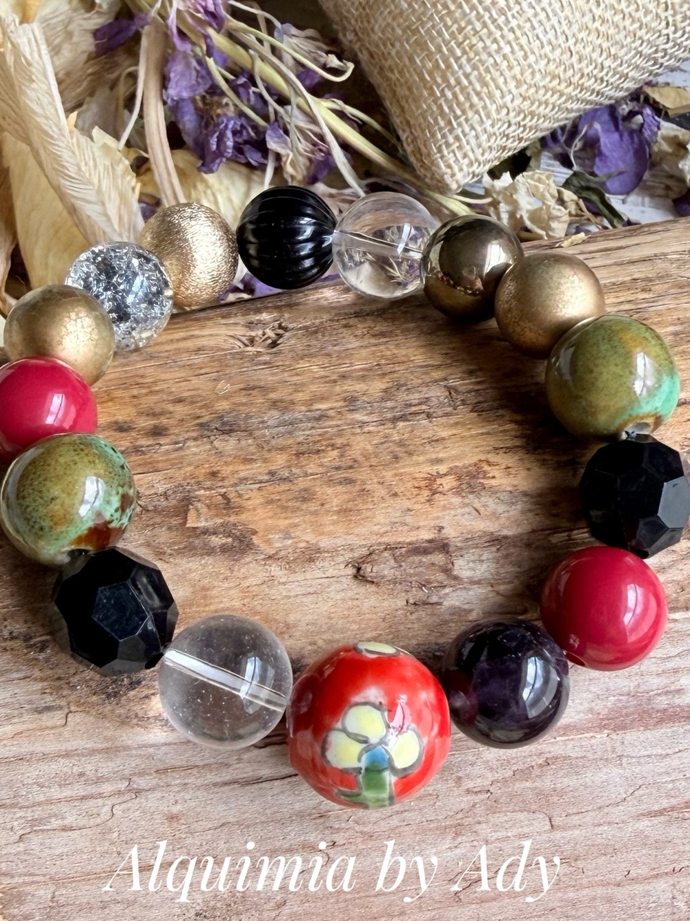 CHUNKY Red Floral Ceramic and Mixed Bead Statement Bracelet